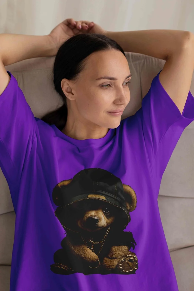 DogFish Women's Lilac Teddy Printed Oversize T-Shirt