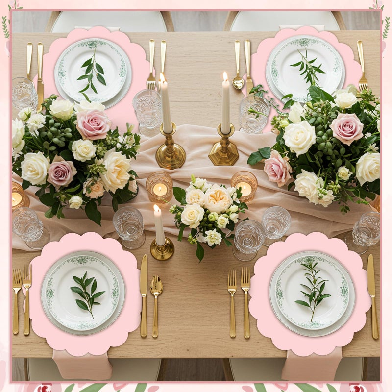 NatNarr 60 Pcs Light Pink Paper Placemats, 13.5 Inch Disposable Scalloped Easter Placemat Round Table Place Mats Decorative Paper for Mother's Day Birthday Wedding Bridal Shower Baby Shower Banquet Tea Party - Image 5