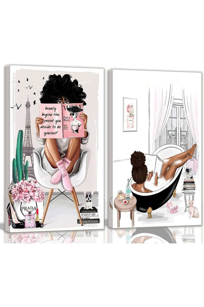 AKOTAC 2 Pieces Framed African American Wall Art Modern Fashion Paris Pink White Afro Black Girls Women Canvas Wall Decor Pictures Posters Prints Artwork for Bathroom Living Room Bedroom Home Decoration - Image 1