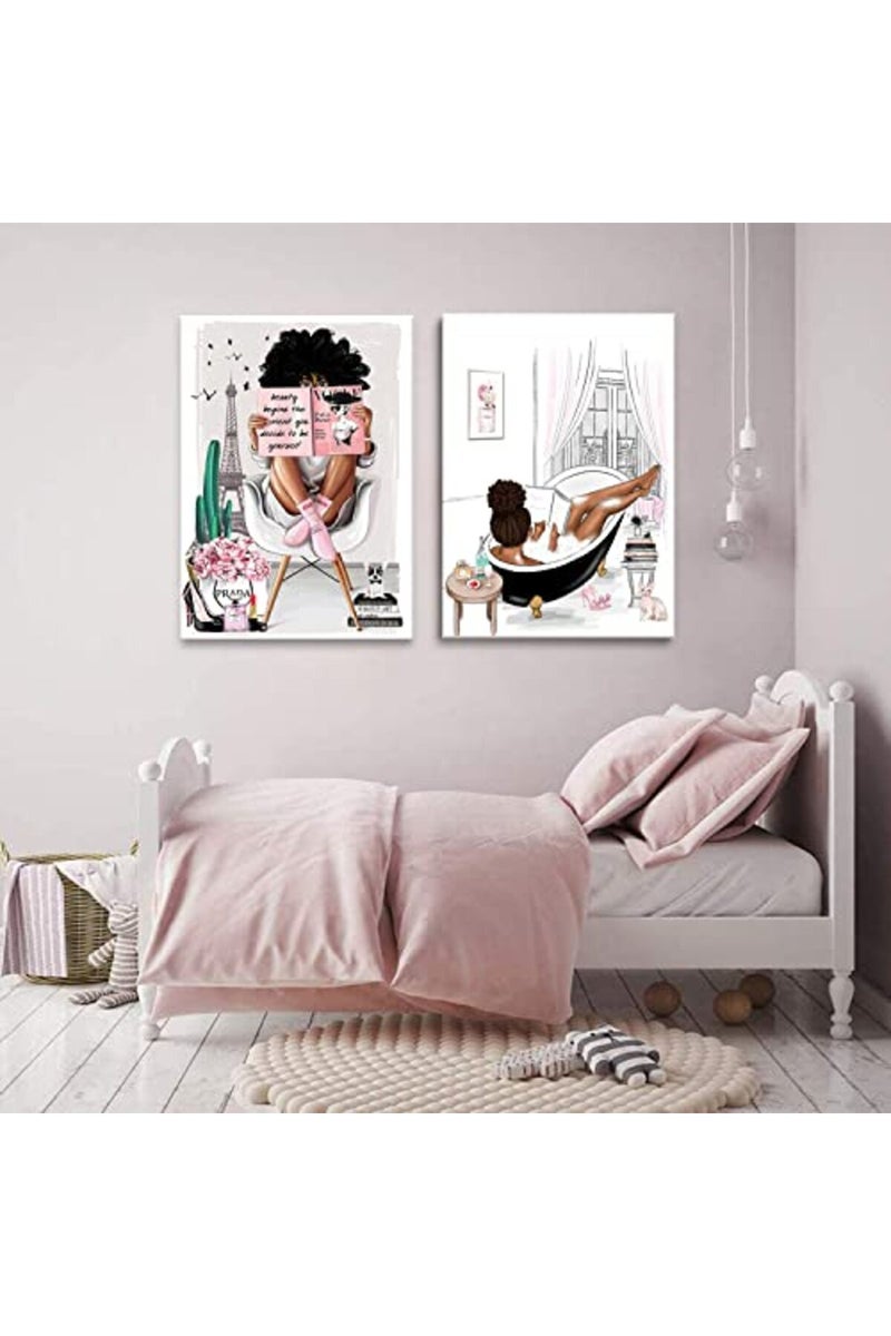 AKOTAC 2 Pieces Framed African American Wall Art Modern Fashion Paris Pink White Afro Black Girls Women Canvas Wall Decor Pictures Posters Prints Artwork for Bathroom Living Room Bedroom Home Decoration - Image 5