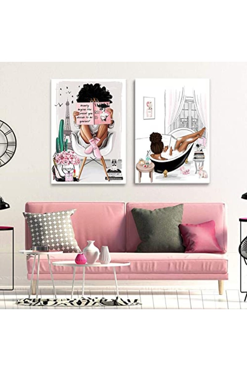 AKOTAC 2 Pieces Framed African American Wall Art Modern Fashion Paris Pink White Afro Black Girls Women Canvas Wall Decor Pictures Posters Prints Artwork for Bathroom Living Room Bedroom Home Decoration - Image 4
