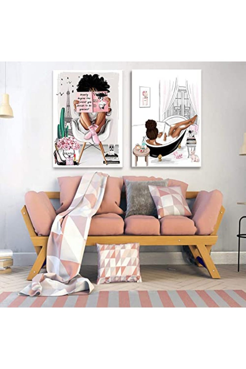 AKOTAC 2 Pieces Framed African American Wall Art Modern Fashion Paris Pink White Afro Black Girls Women Canvas Wall Decor Pictures Posters Prints Artwork for Bathroom Living Room Bedroom Home Decoration - Image 2