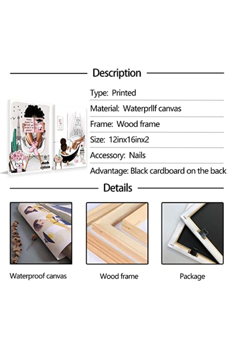 AKOTAC 2 Pieces Framed African American Wall Art Modern Fashion Paris Pink White Afro Black Girls Women Canvas Wall Decor Pictures Posters Prints Artwork for Bathroom Living Room Bedroom Home Decoration - Image 3