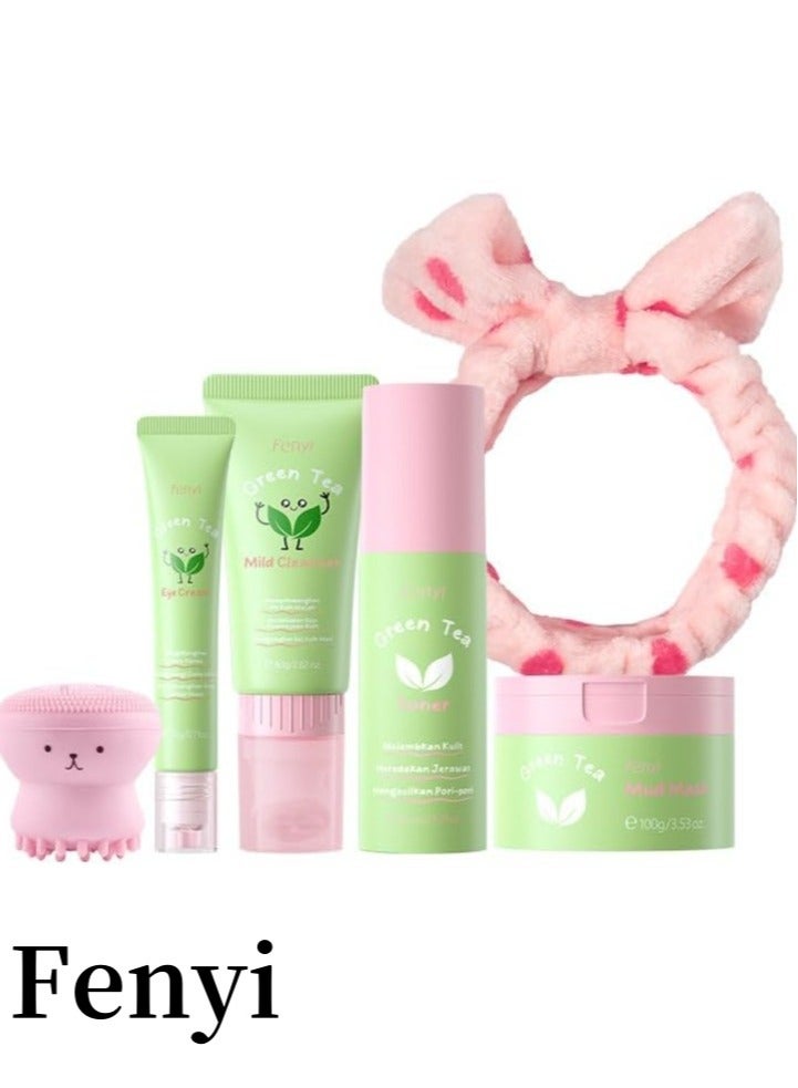 Fenyi 6-In-1 Korean Facial Skin Care Set Essential for Daily Moisturizing, Green Tea Skin Care Products: Eye Cream, Cleanser, Mud Mask, Toner, Hairbands and Facial Brushes for Daily Skincare Routine Set - Image 1