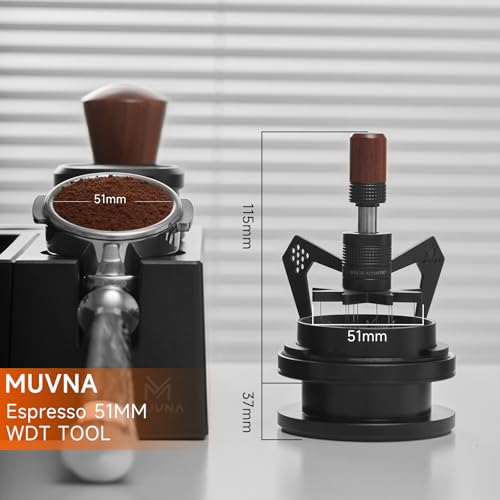 MUVNA 51MM Espresso WDT Distribution Tool, 10 Needles Coffee Stirrer Distributor, Rotary Espresso Stirrer with Dosing Funnel & Aluminum Alloy Brush Stand & Wooden Handle - Image 2