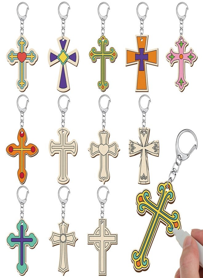 Yuntau 24 Pcs Easter Religious Cross Crafts Sunday School Wooden Keychains Christian Crafts DIY Coloring Keychains Color Your Own Wood Cross Key Chain for Easter Sunday School Vbs Classroom Activities - Image 1