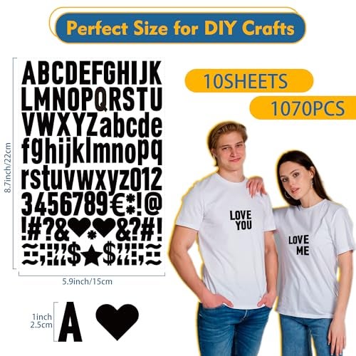 Huimdery 1070Pcs Iron on Letters 10 Sheets 1 Inch Iron on Letters and Numbers for Clothing Small Vinyl Letters A-Z Heat Transfer Letters 0-9 Heat Press Alphabet Stickers for T-Shirt Fabric DIY Craft (Black) - Image 2