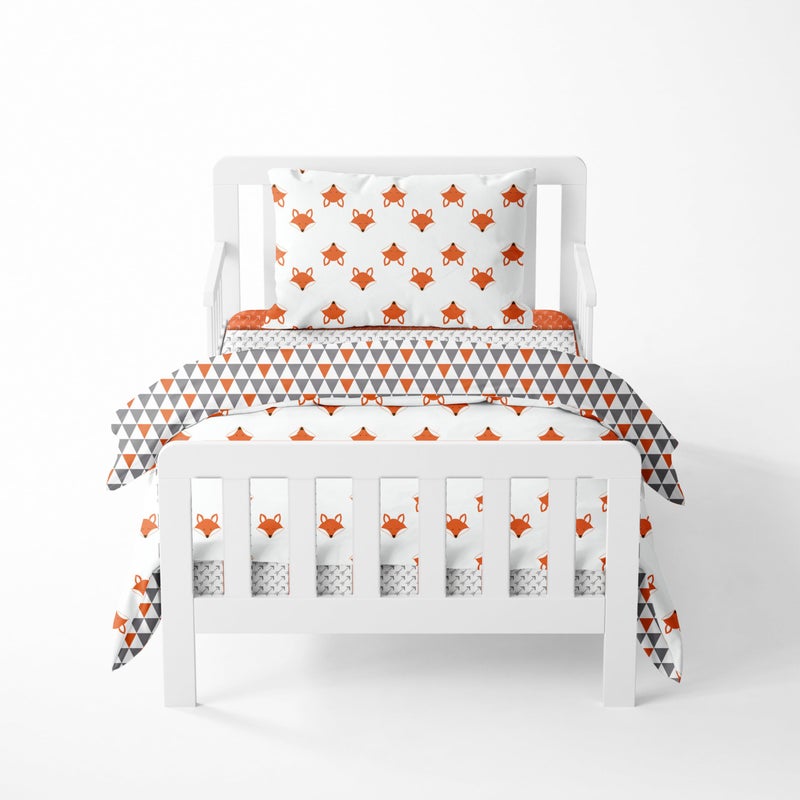 Bacati Playful Foxs 4 Piece Neutral Toddler Bedding Set, Orange/Grey 100 Percent Cotton Includes Reversible Comforter, Fitted Sheet, Top Sheet, and Pillow Case for Boys/Girls - Image 1