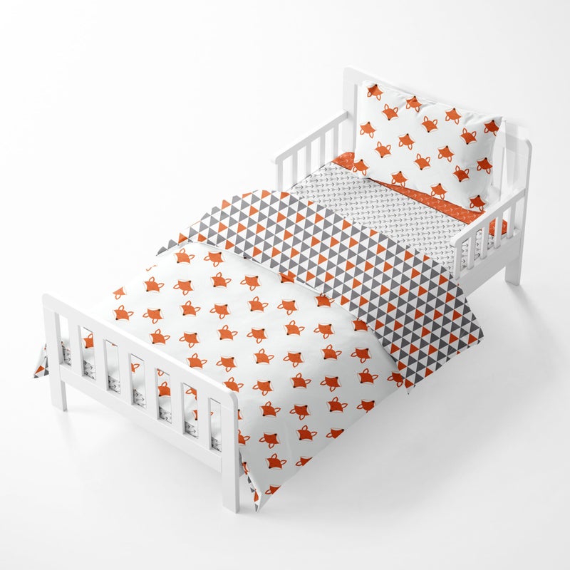Bacati Playful Foxs 4 Piece Neutral Toddler Bedding Set, Orange/Grey 100 Percent Cotton Includes Reversible Comforter, Fitted Sheet, Top Sheet, and Pillow Case for Boys/Girls - Image 4