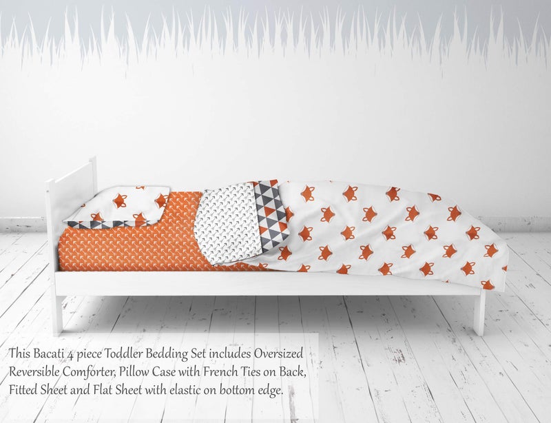 Bacati Playful Foxs 4 Piece Neutral Toddler Bedding Set, Orange/Grey 100 Percent Cotton Includes Reversible Comforter, Fitted Sheet, Top Sheet, and Pillow Case for Boys/Girls - Image 5