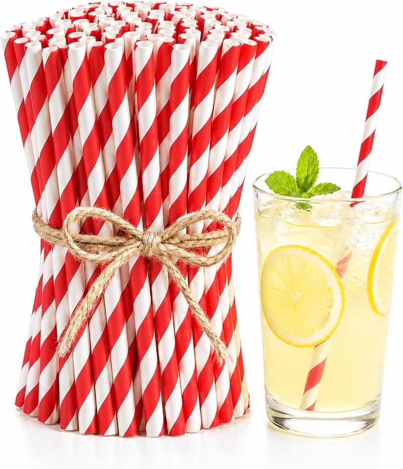 Haundry Red and White Striped Paper Straws, 100 Count Disposable Drinking Straws, 7.75 x 0.25 Inch, for Valentine’s Day, Christmas, Birthday, Wedding, Baby Shower, Party Drinks and Crafts - Image 1
