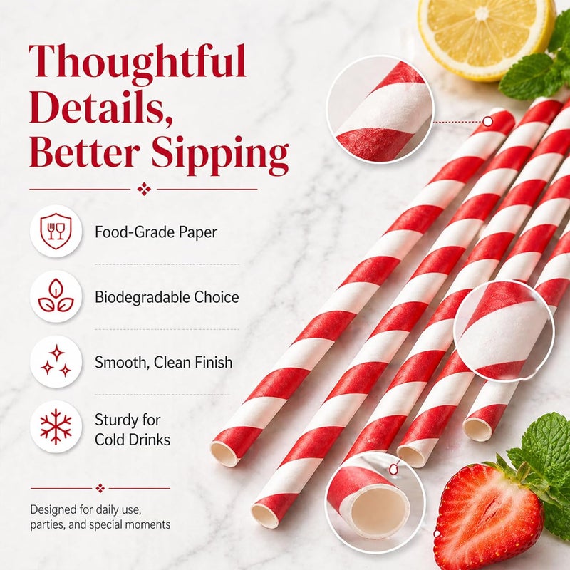 Haundry Red and White Striped Paper Straws, 100 Count Disposable Drinking Straws, 7.75 x 0.25 Inch, for Valentine’s Day, Christmas, Birthday, Wedding, Baby Shower, Party Drinks and Crafts - Image 3