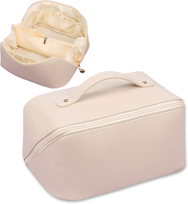 Nitevo Large Capacity Travel Cosmetic Bag Portable Makeup Bag Opens Flat for Easy Access Waterproof PU Leather Multifunctional Storage Makeup Bag for Woman 24 X 125 X 125 CM White - Image 1