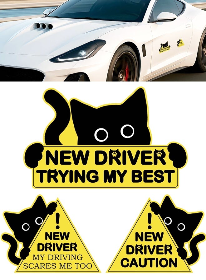 3PCS Cat Pattern Car Warning Magnets Funny New Driver Safety Sign - Image 1