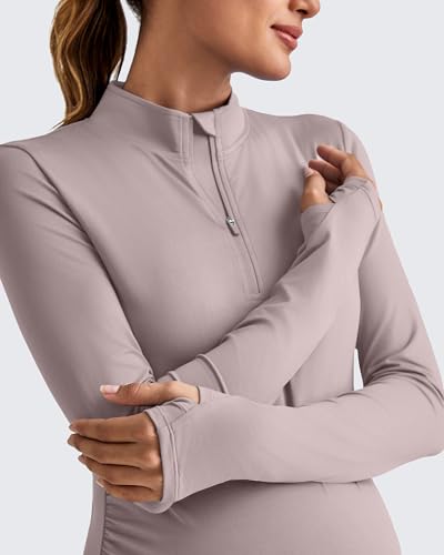 G4Free Maternity Sun Shirts Long Sleeve UV Pregnancy Workout Tops Thumb Hole Wicking Side Ruched Rash Guard for Athletic(Gray Lilac,XL) - Image 2