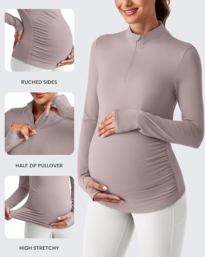 G4Free Maternity Sun Shirts Long Sleeve UV Pregnancy Workout Tops Thumb Hole Wicking Side Ruched Rash Guard for Athletic(Gray Lilac,XL) - Image 4