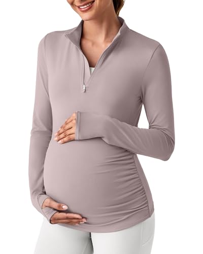 G4Free Maternity Sun Shirts Long Sleeve UV Pregnancy Workout Tops Thumb Hole Wicking Side Ruched Rash Guard for Athletic(Gray Lilac,XL) - Image 1