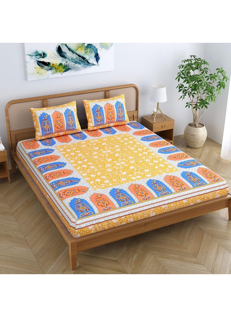 Colorish Colorish Cotton Blend Pristine Floral Printed Jaipuri Bedsheet for Double Bed King Size with 2 Pillow Covers Sunkissed Yellow  - Image 4