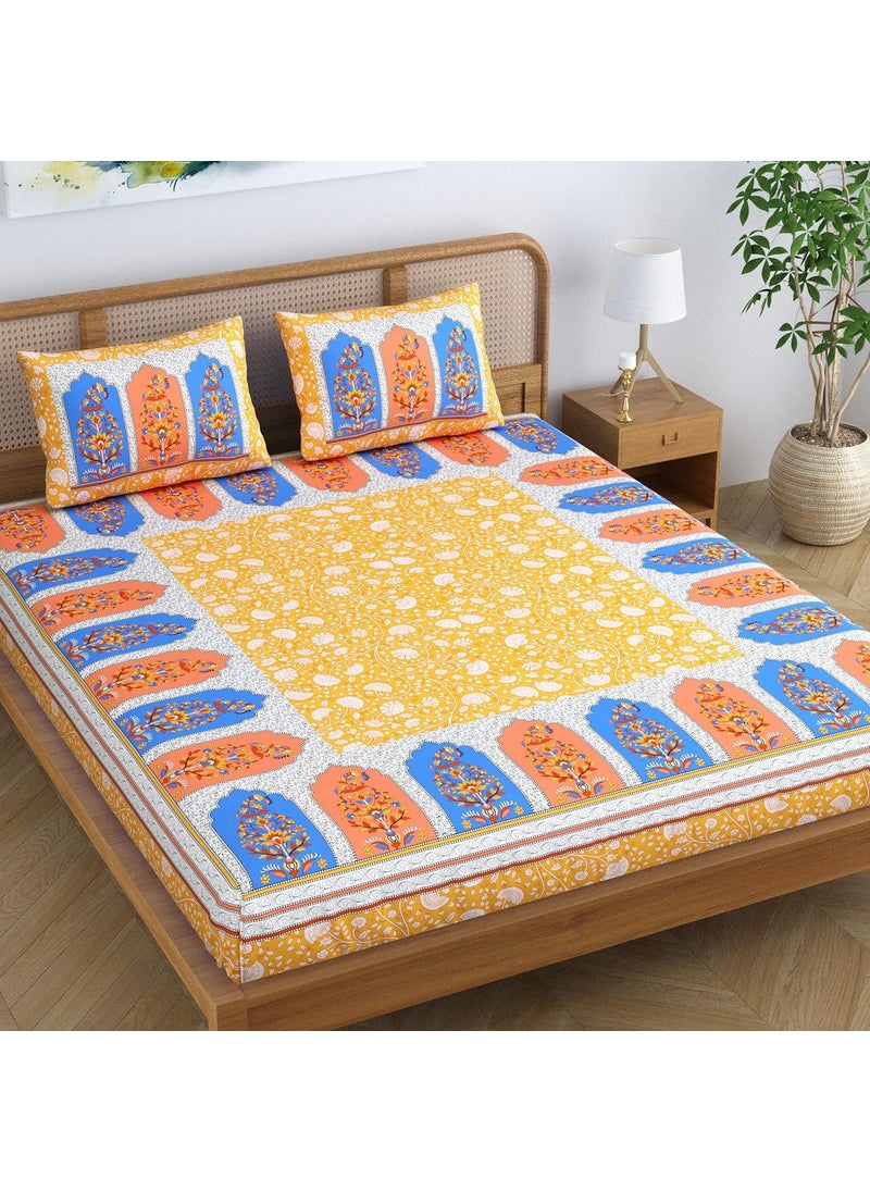 Colorish Colorish Cotton Blend Pristine Floral Printed Jaipuri Bedsheet for Double Bed King Size with 2 Pillow Covers Sunkissed Yellow  - Image 1