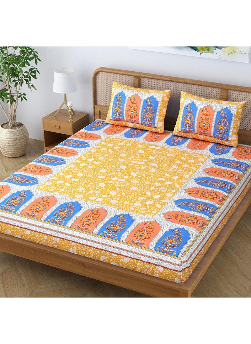 Colorish Colorish Cotton Blend Pristine Floral Printed Jaipuri Bedsheet for Double Bed King Size with 2 Pillow Covers Sunkissed Yellow  - Image 3