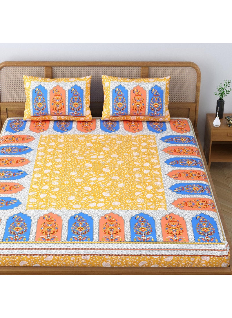 Colorish Colorish Cotton Blend Pristine Floral Printed Jaipuri Bedsheet for Double Bed King Size with 2 Pillow Covers Sunkissed Yellow  - Image 2