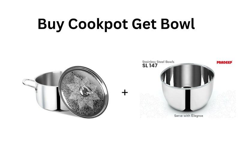 Pradeep وعاء طهي ثلاثي من الفولاذ المقاوم للصدأ من براديب مع غطاء بتصميم من الفولاذ المقاوم للصدأ (PROLINE)، 22 سم، 4.3 لتر (اشترِ وعاء الطهي الثلاثي (1140-22) واحصل على وعاء الفولاذ المقاوم للصدأ B-147) - Image 2