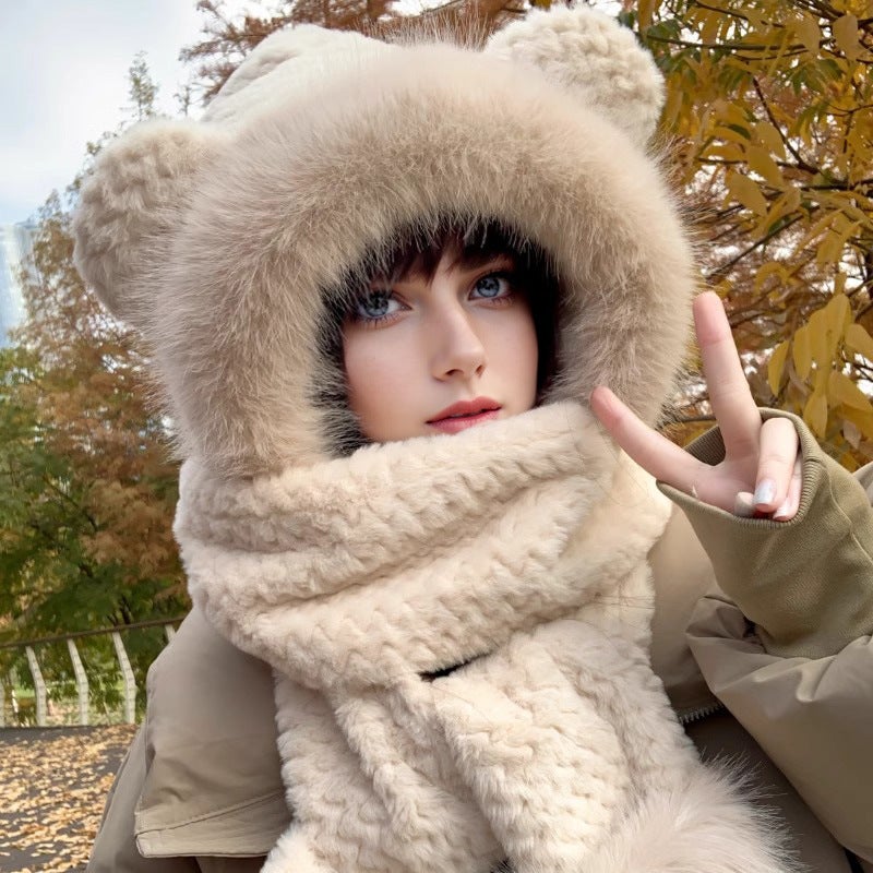 Cute Cat Ear Knit Beanie Women Autumn Winter Fashion Warm Beige [round ear-big Mao Mao brim-Mao Mao gloves]]