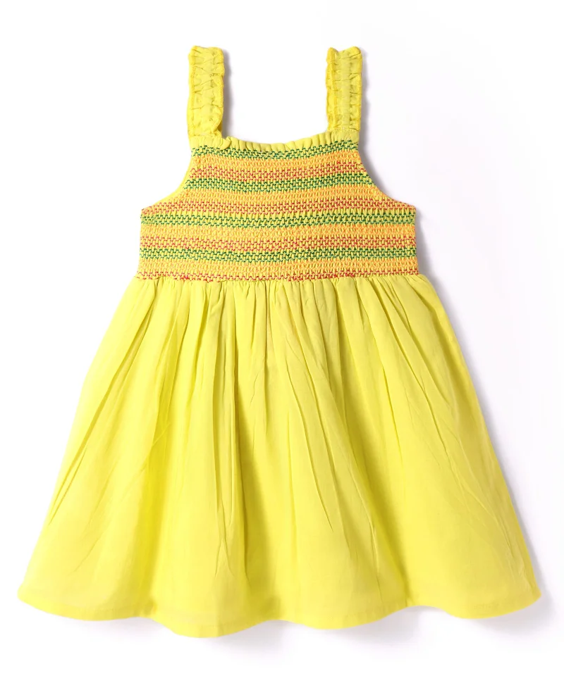 babyhug Babyhug Cotton Woven Sleeveless Embroidered Dress With Smocked Yoke - Yellow