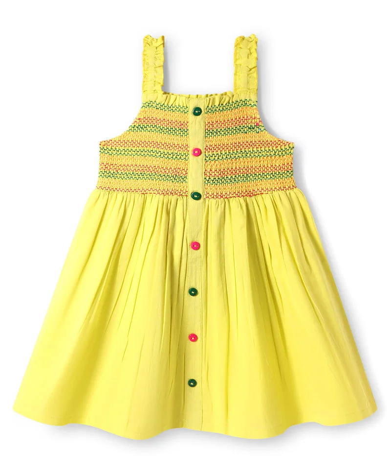 babyhug Babyhug Cotton Woven Sleeveless Embroidered Dress With Smocked Yoke - Yellow