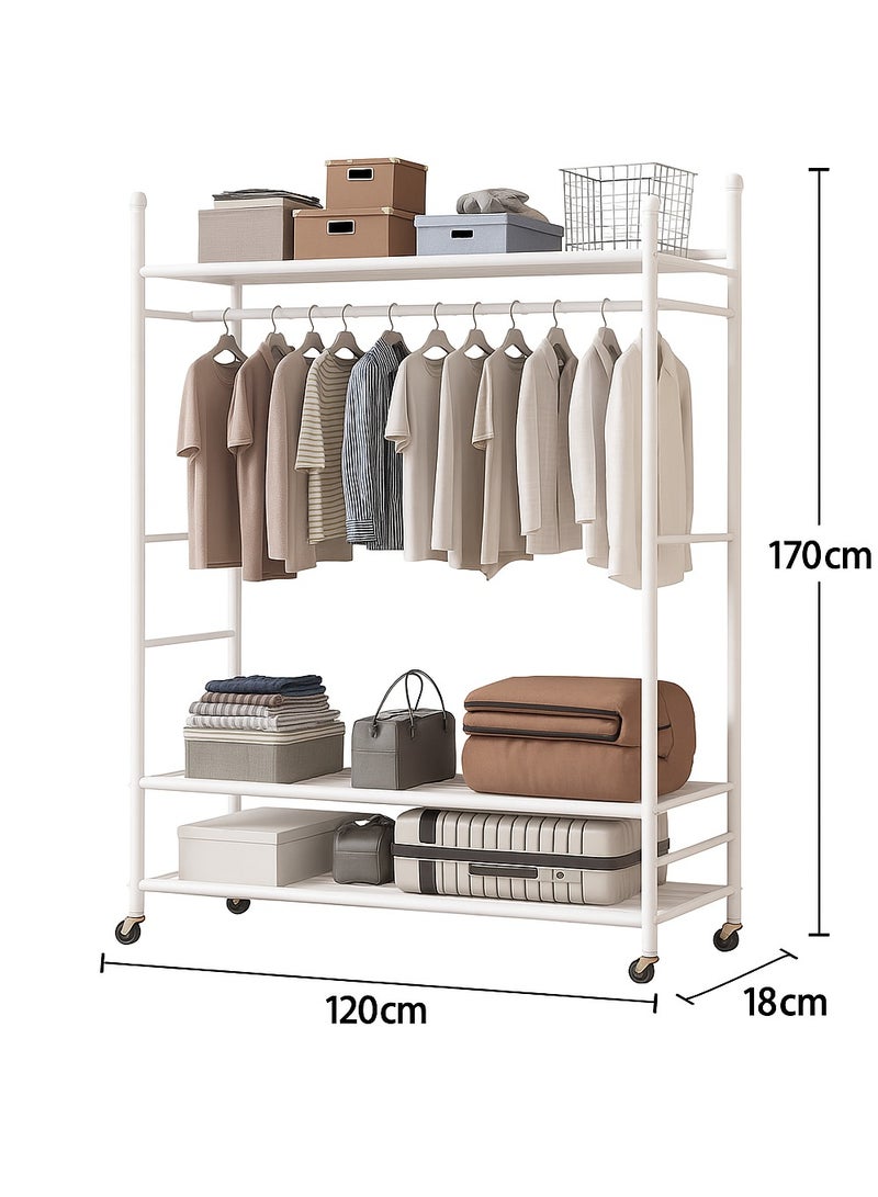 Living Modern White Metal Clothes Rack with Storage Shelves and Wheels for Bedroom and Laundry Room - 170x120 cm 