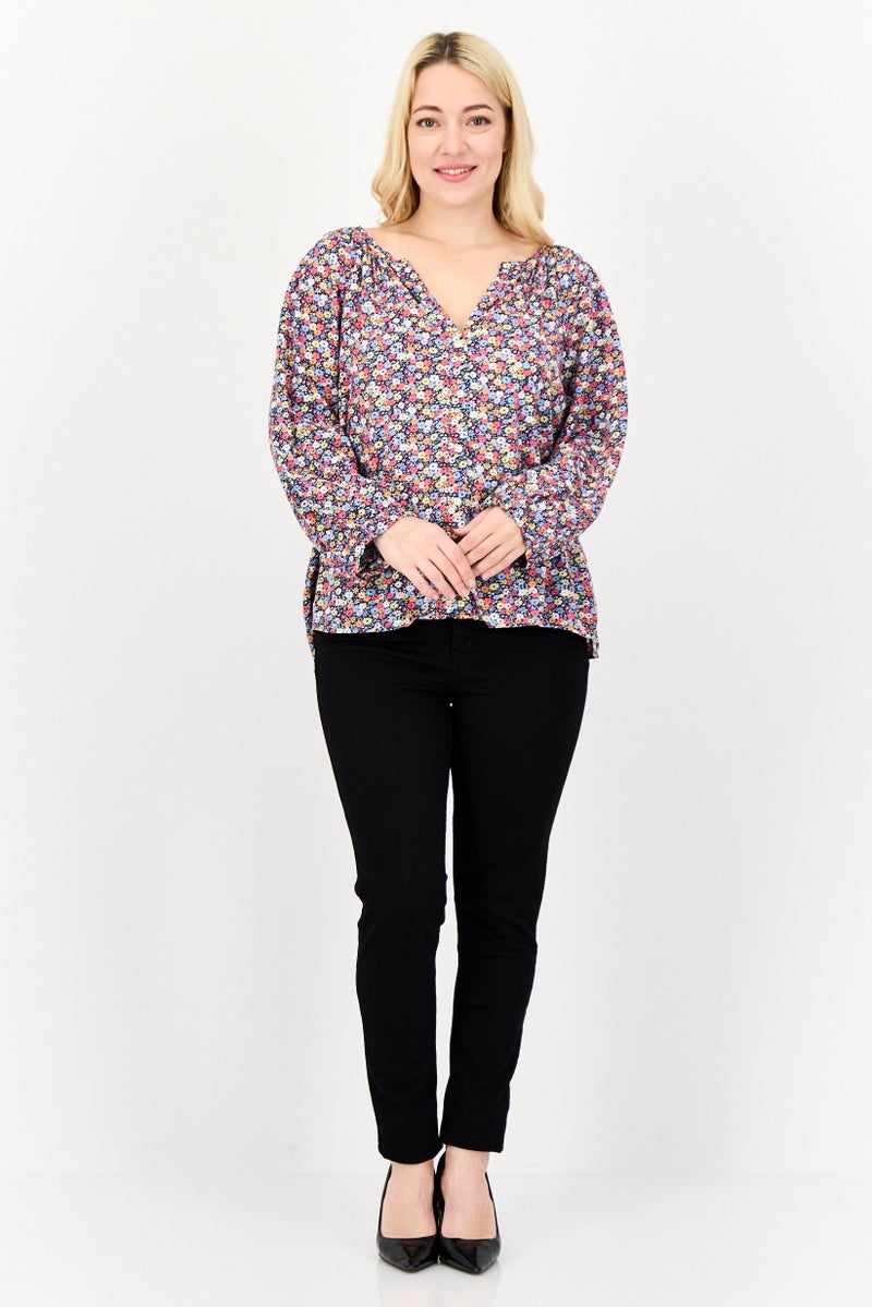 GAP Women V-neck Long Sleeve Floral Print Shirt, Multicolor - Image 2