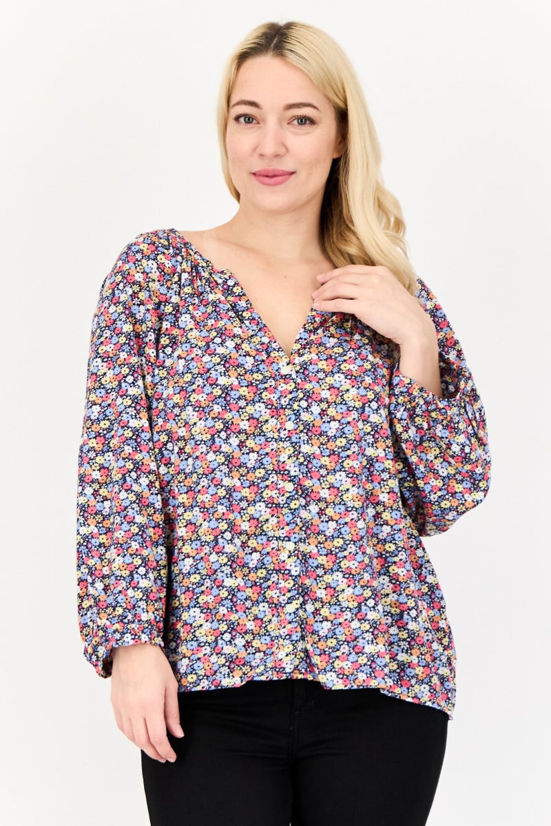 GAP Women V-neck Long Sleeve Floral Print Shirt, Multicolor - Image 1
