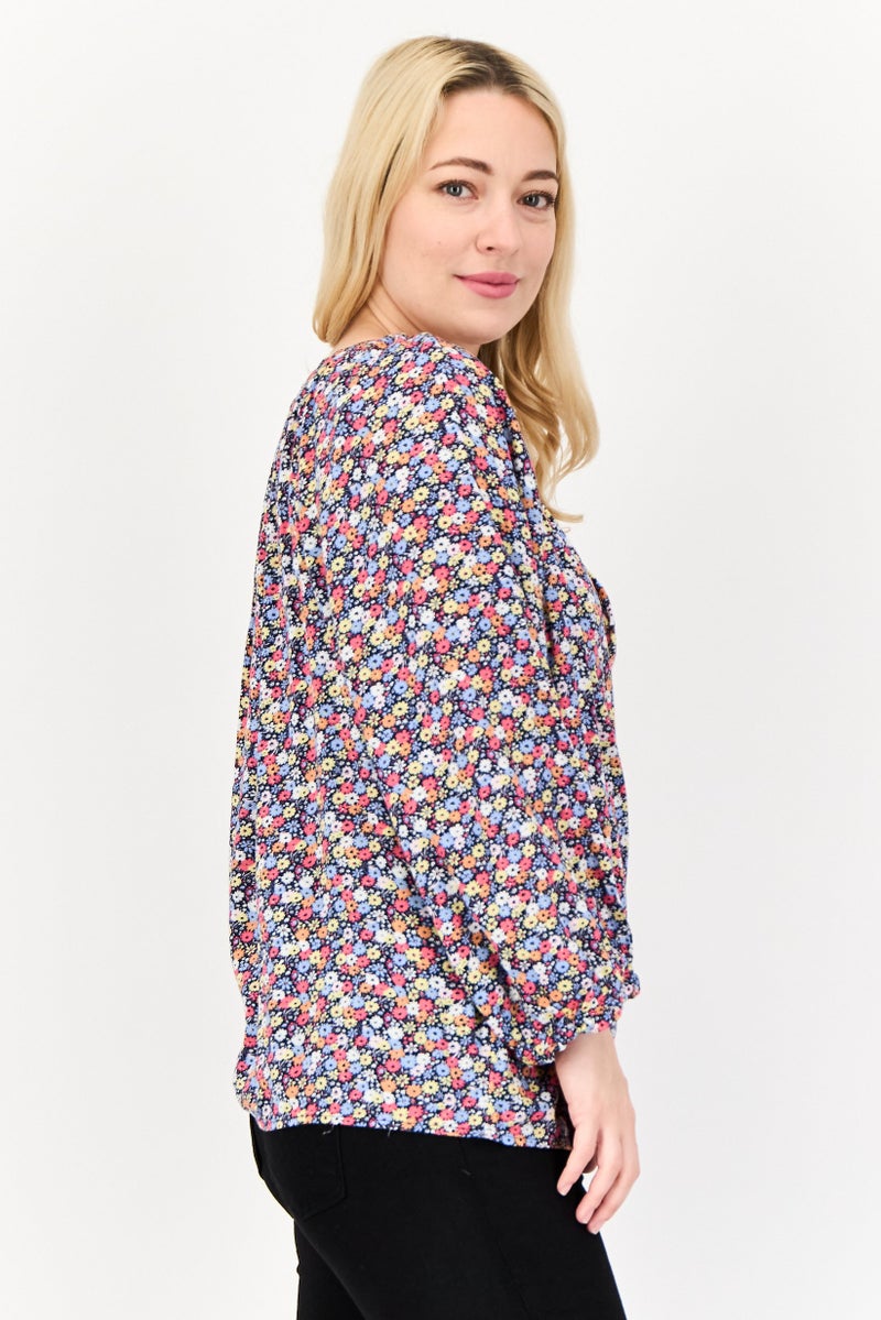GAP Women V-neck Long Sleeve Floral Print Shirt, Multicolor - Image 3