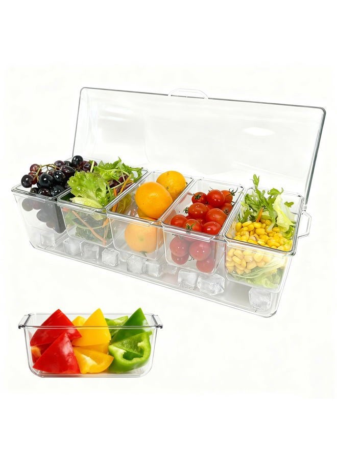 Pesilo Ice Chilled Condiment Server, 5 Removable Compartments Condiment Containers with Lids Drain Plug, Clear Garnish Tray Serving Platter Holder for Caddy Fruit Snack Sauce Taco Salad Bar Supplies - Image 1