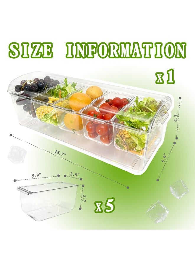 Pesilo Ice Chilled Condiment Server, 5 Removable Compartments Condiment Containers with Lids Drain Plug, Clear Garnish Tray Serving Platter Holder for Caddy Fruit Snack Sauce Taco Salad Bar Supplies - Image 2