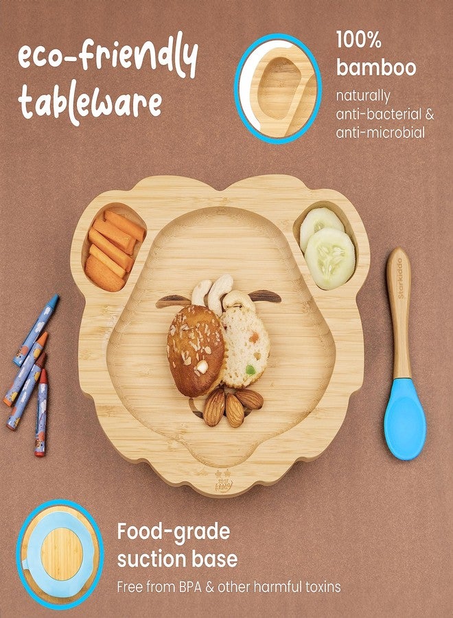 StarKiddo ® Leo King Bamboo Suction Plates for Baby and Toddler | 3 Sections | Weaning Spoon | Non-Toxic | Super Strong Suction | Cool to The Touch | Ideal for Baby-Led Weaning (Blue) - Image 3
