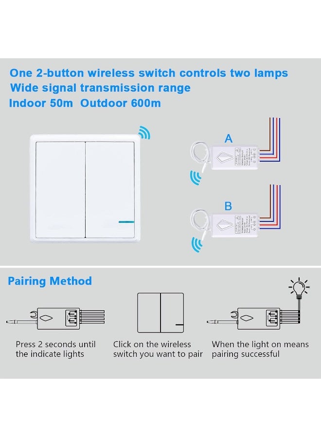 Thinkbee Wireless Light Switch and Receiver Kit, Outdoor 1969ft Indoor 130ft, No Wiring, No WiFi, Remote Control for Led Light Wireless Wall Switch, IP66 Waterproof (2 Gang and 2 Receivers Kit) - Image 4