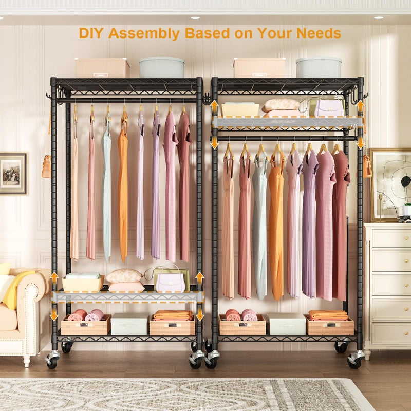 FUTASSI P6 Rolling Clothes Rack Heavy Duty, Clothing Racks for Hanging Clothes, Freestanding Garment Rack with Wheels, Portable Closet Rack Max Load 380 LBS, 35.5'' W x 14'' D x 74.6'' H, Black - Image 4