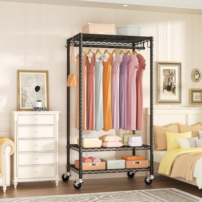 FUTASSI P6 Rolling Clothes Rack Heavy Duty, Clothing Racks for Hanging Clothes, Freestanding Garment Rack with Wheels, Portable Closet Rack Max Load 380 LBS, 35.5'' W x 14'' D x 74.6'' H, Black - Image 2