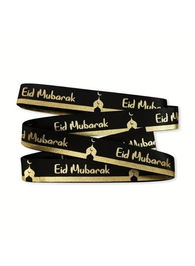 Eid Mubarak Decorative Ribbon, 2M Black with Gold Foil Moon and Stars Pattern, Fabric Craft Ribbon for Ramadan & Eid Decorations - Image 1