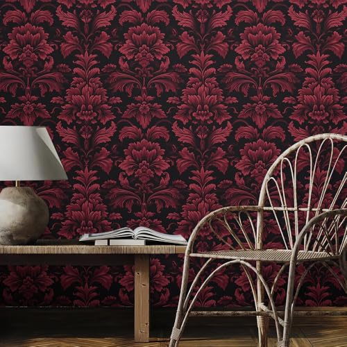 REDAMANCY Dark Black Red Damask Flowers Vintage Peel and Stick Wallpaper Stick on Contact Paper Vintage Wall Paper Easy Peel Off for nightstand Drawer Cabinet Renter - Image 3