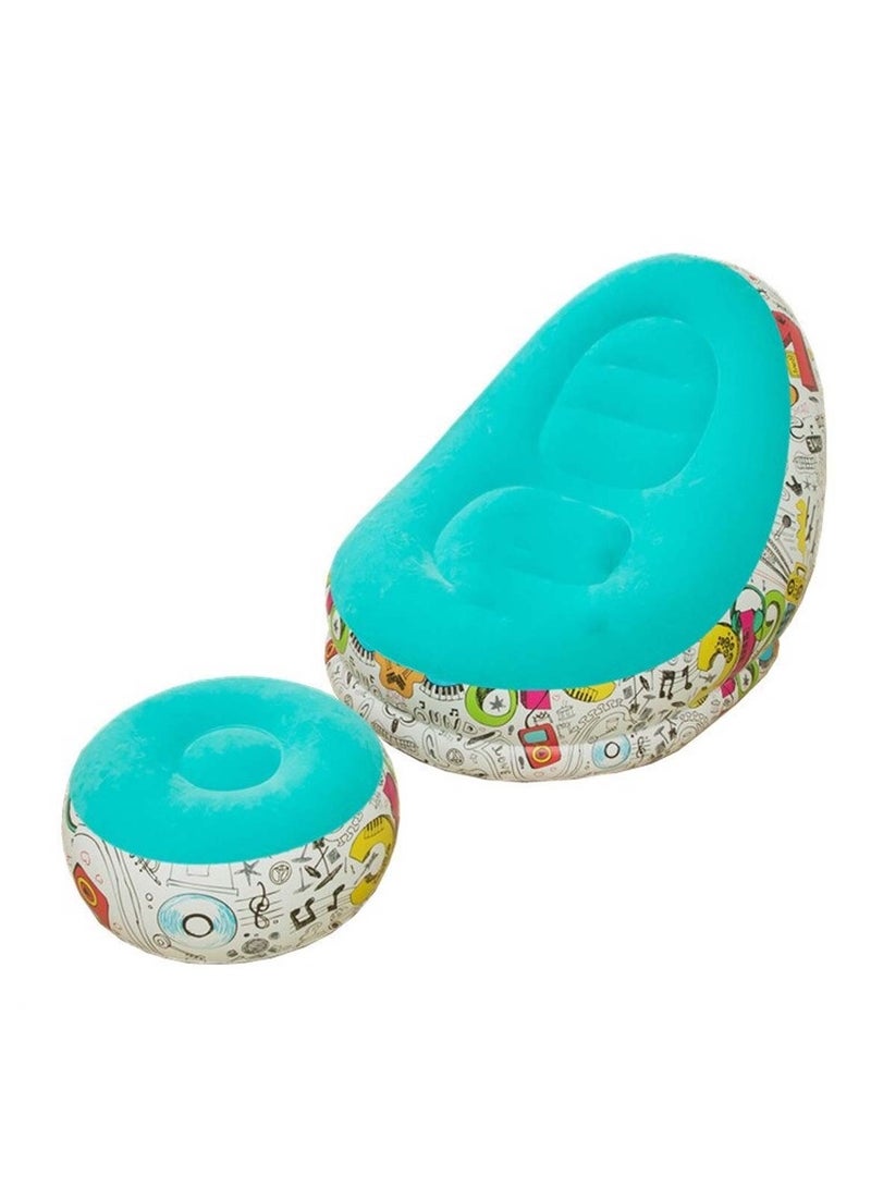 Generic Blue Inflatable Lounge Chair with Ottoman Graffiti Design 