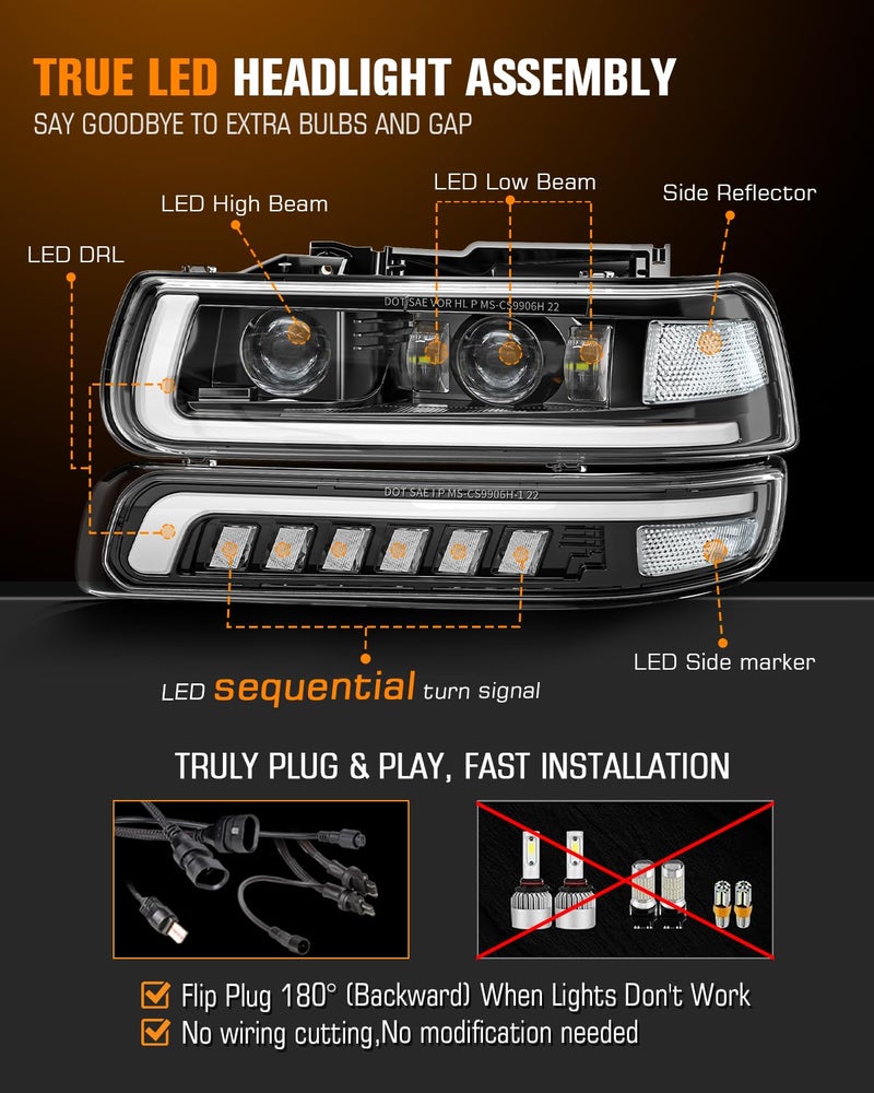 RAMJET4X4 LED Headlights Assembly Headlamps Replacement for 1999-2002 Chevy Silverado 2000-2006 Suburban Tahoe Sequential Turn Signal Hi/Low Beam DRL with Bulbs - Image 3