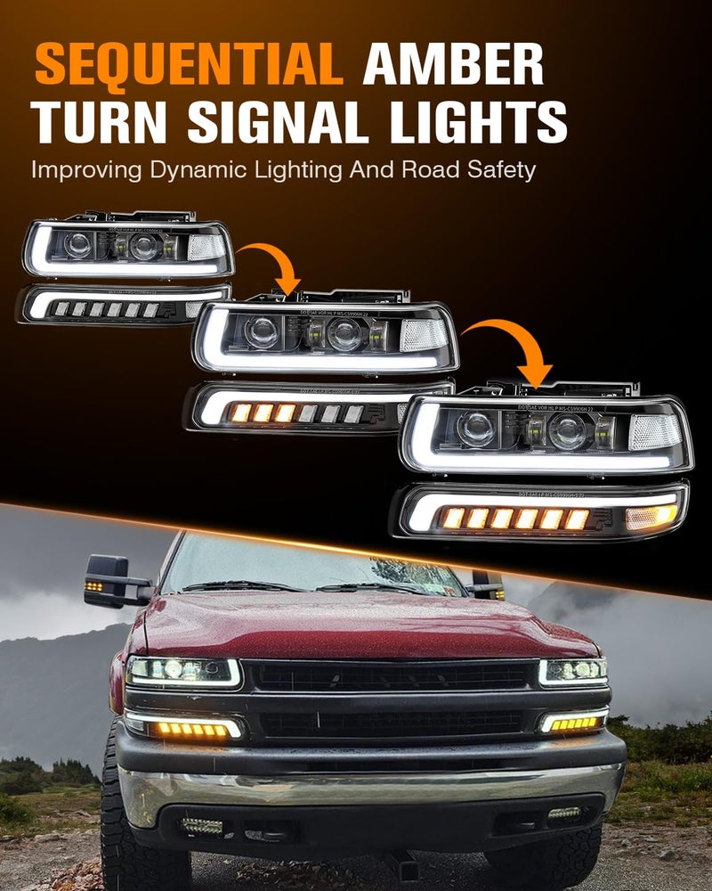 RAMJET4X4 LED Headlights Assembly Headlamps Replacement for 1999-2002 Chevy Silverado 2000-2006 Suburban Tahoe Sequential Turn Signal Hi/Low Beam DRL with Bulbs - Image 2