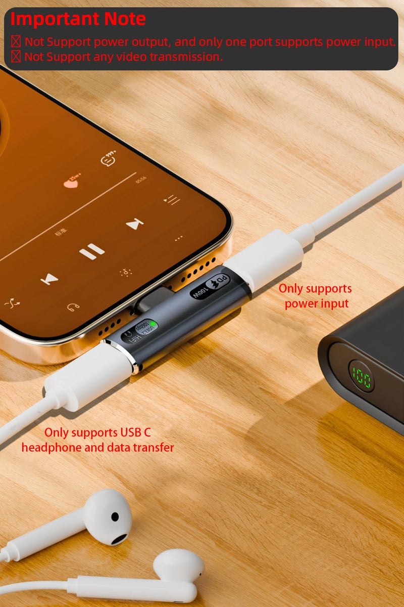 Jadebones USB C Splitter with 100W Fast Charging, Dual USB C Headphone and Charger Adapter Dongle for iPhone 16/15 Series, iPad, MacBook, Galaxy S24/S23 and More - Grey (No for Power and Video Output) - Image 2