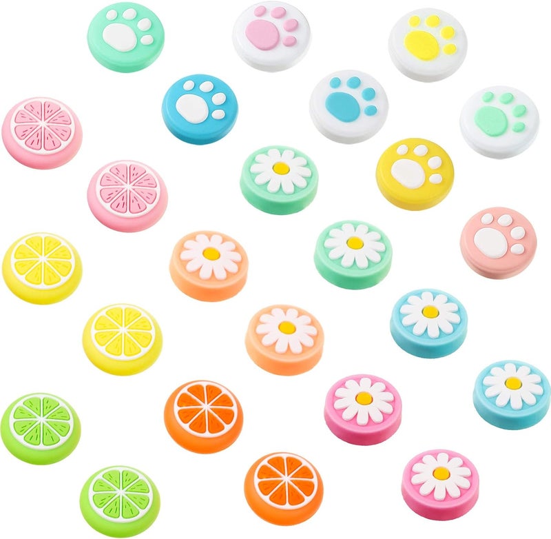 Sumind 24 Pieces Replacement Soft Silicone Cat Paw Flower and Fruit Lemon Design Thumb Grip Caps Analog Stick Cover Joystick Cap Luminous Cover Compatible with Nintendo Switch/Switch Lite Controller - Image 1