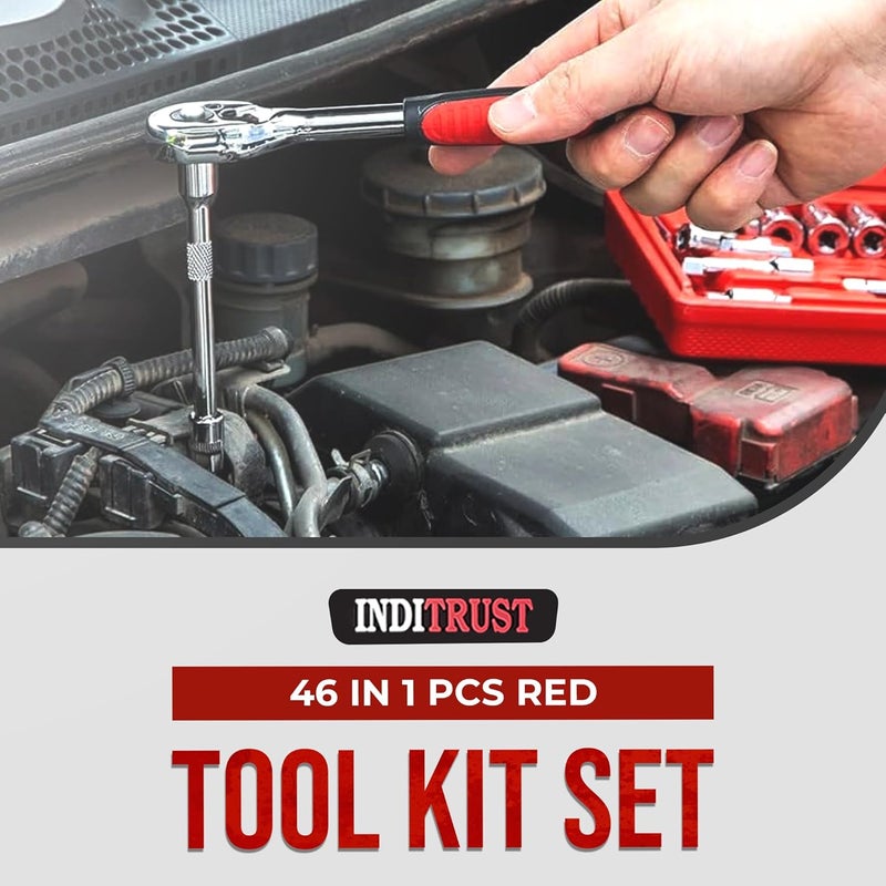Inditrust Inditrust Red 46 In 1 Pcs Tool Kit For Home Use Spanner Set Socket Set Wrench Set Bike Tool Kit Set Goti Pana Set Torx  - Image 3