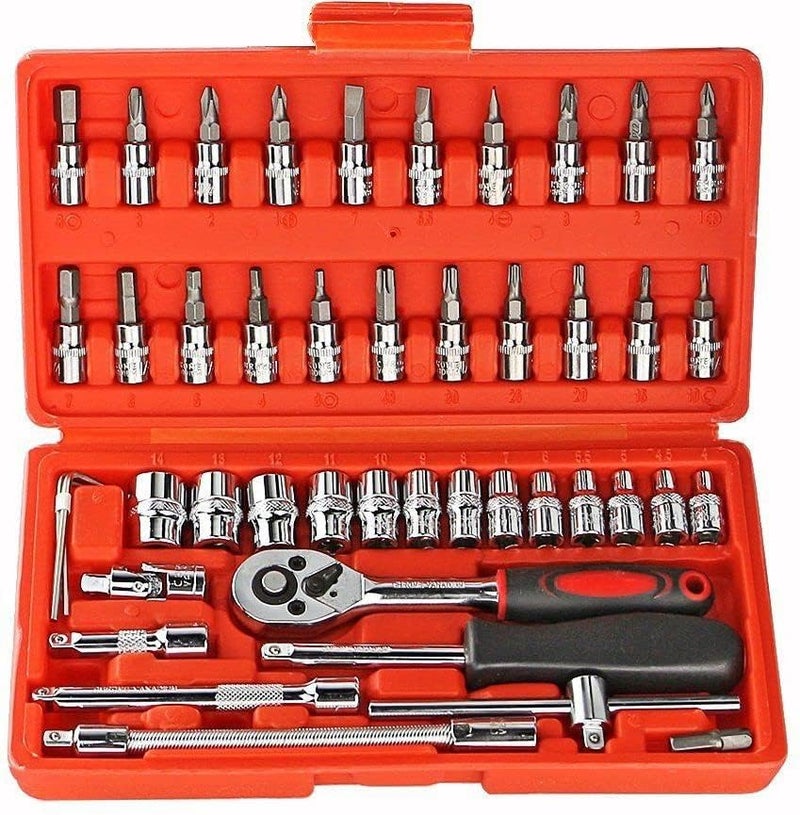 Inditrust Inditrust Red 46 In 1 Pcs Tool Kit For Home Use Spanner Set Socket Set Wrench Set Bike Tool Kit Set Goti Pana Set Torx  - Image 1