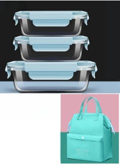 3 Piece Microwave Heating High Borosilicate Glass Lunch Box Glass Bowls 1000ml,700ml,410ml With Insulation Bag