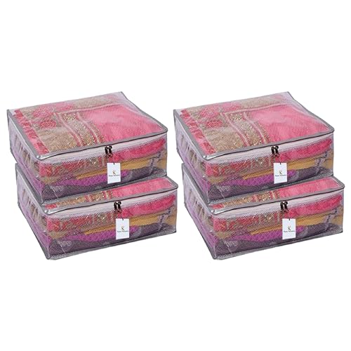 Kuber Industries 40 x 31 x 17 CM PVC Clothes Organizer For Wardrobe (Pack of 4) - Transparent Storage Organizer For Saree | Shirts | Lehenga - Dress Organizer For Wardrobe With Net - Image 1